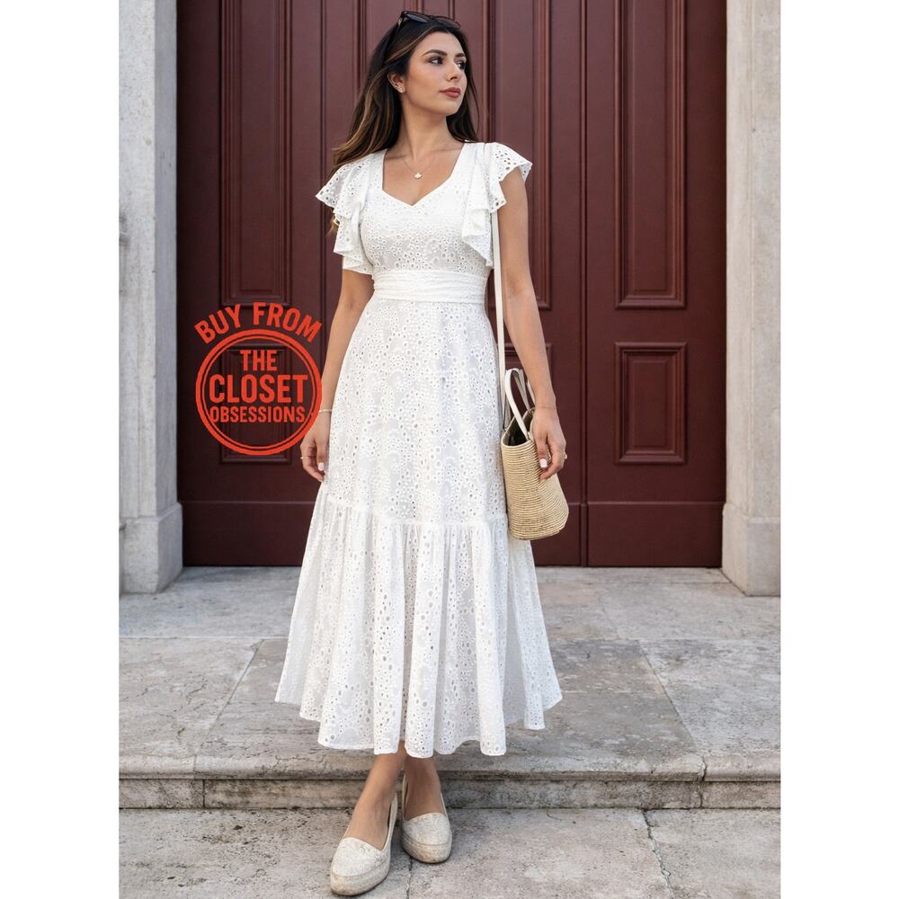 ZARA White Eyelet Midi Dress Cotton Resort Vacation Bridal Dress